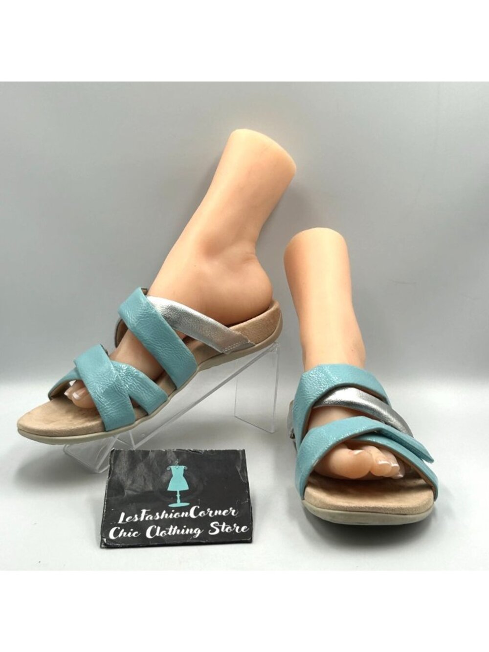 Vionic Women's Silver Blue Leather Hadlie Orthotic Slide Sandals Size 10 3525 - Picture 11 of 16